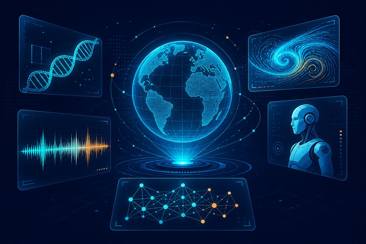 Holographic globe surrounded by panels showing a DNA helix, a fluid vortex, a music waveform, a humanoid robot and a neural graph — the week's AI news