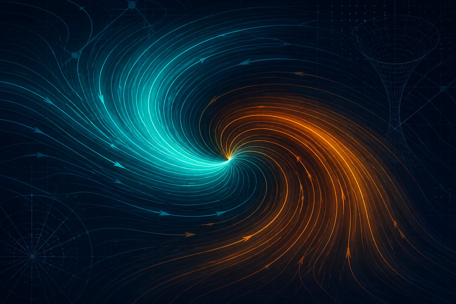 Abstract illustration of a fluid vortex spiraling into a singularity, representing the Navier-Stokes finite-time blow-up proof
