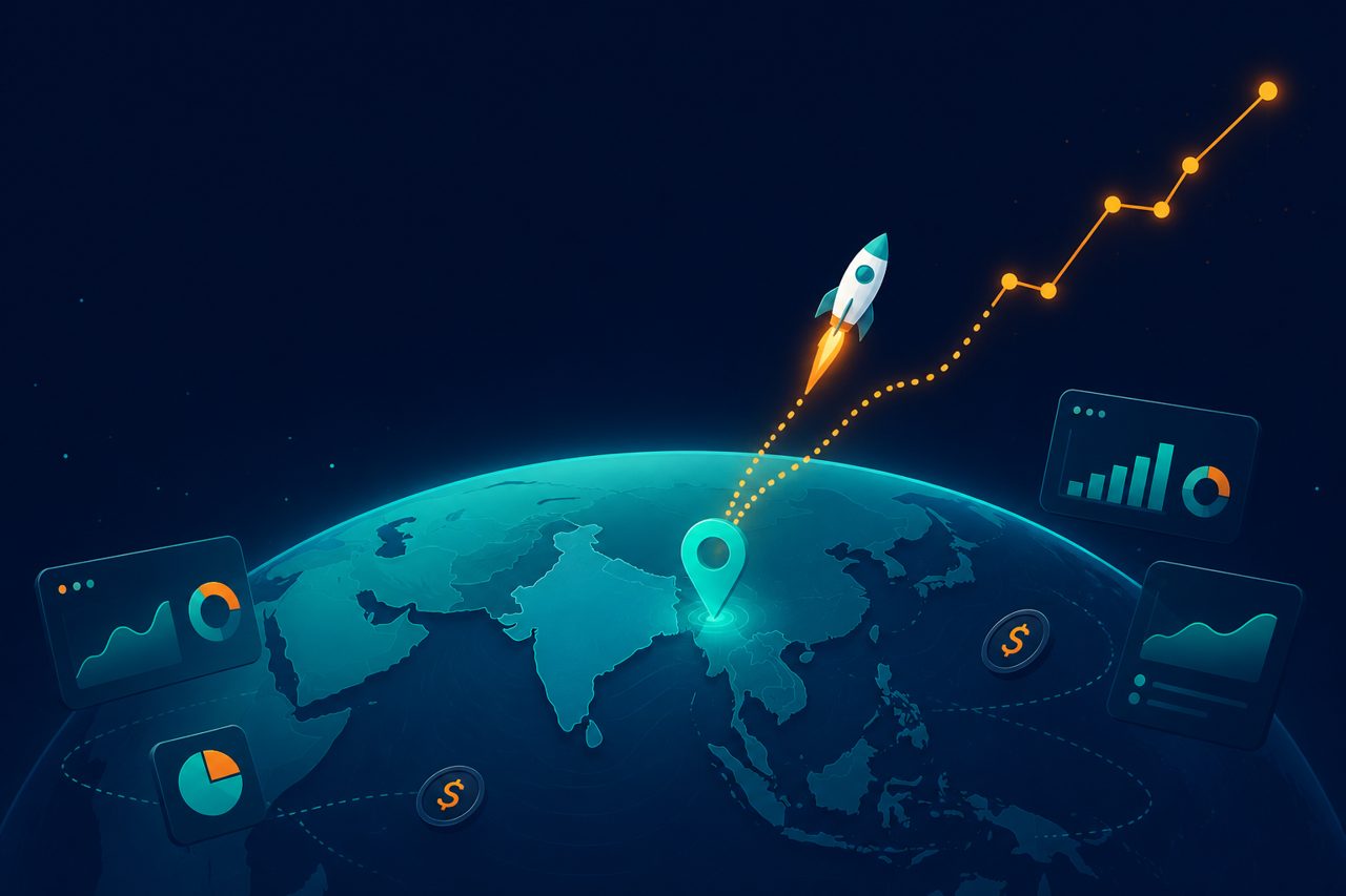 Illustration of a rocket launching from a glowing location pin on Bangladesh over the globe, trailing a rising growth chart