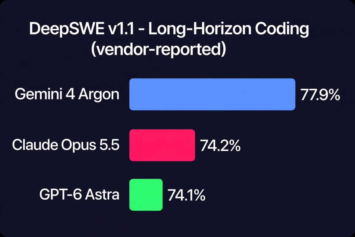 Bar chart comparing DeepSWE v1.1 scores: Gemini 4 Argon 77.9%, Claude Opus 5.5 74.2%, GPT-6 Astra 74.1%, all vendor-reported figures