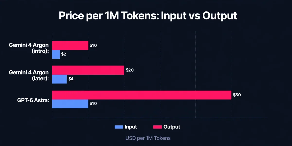 Bar chart comparing price per 1M tokens: Gemini 4 Argon intro $2 input and $10 output, later $4 input and $20 output, GPT-6 Astra $10 input and $50 output