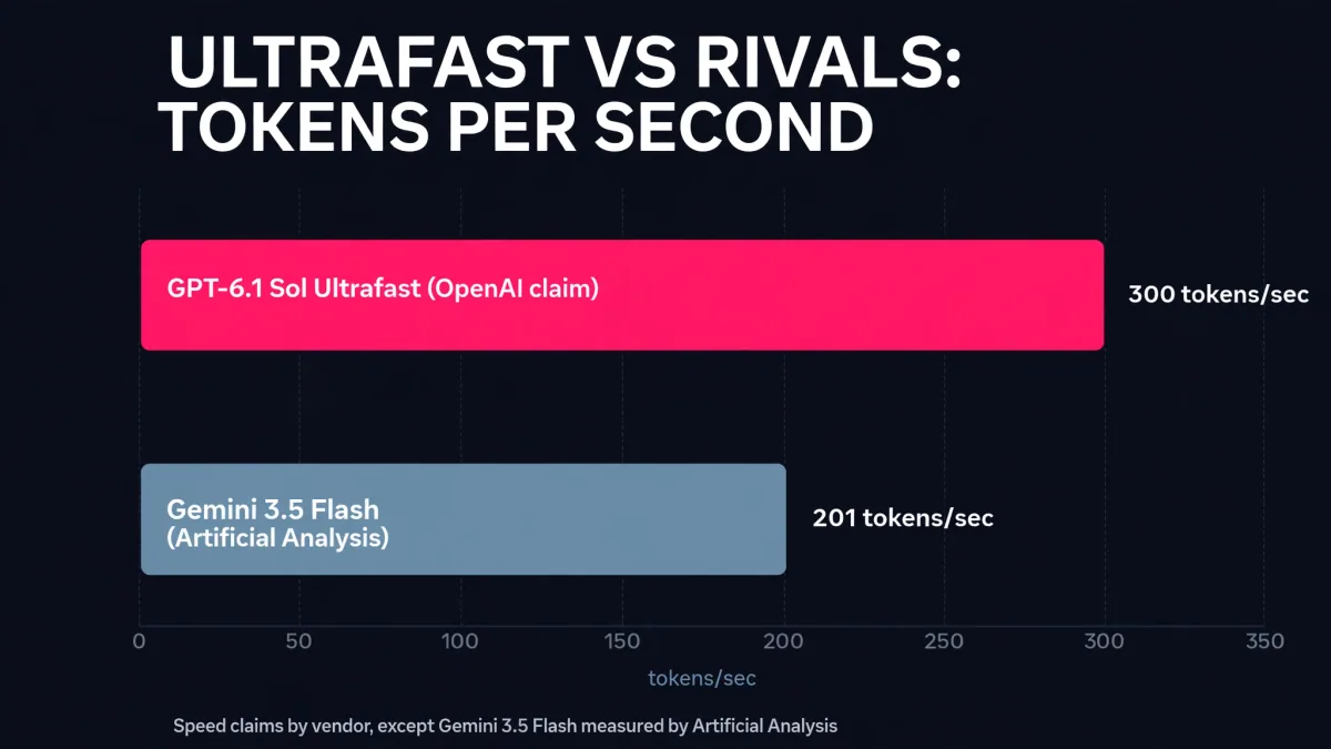 GPT-6.1 Sol Ultrafast speed vs rivals in tokens per second: Ultrafast 300 per OpenAI claim, Gemini 3.5 Flash 201 per Artificial Analysis