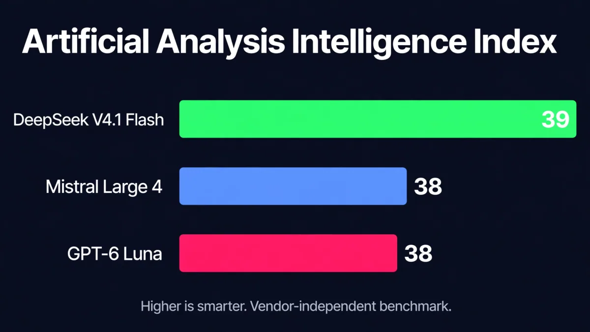Artificial Analysis Intelligence Index: DeepSeek V4.1 Flash 39, Mistral Large 4 38, GPT-6 Luna 38