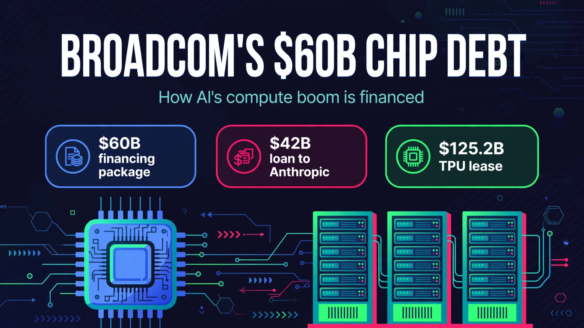 Broadcom $60B chip debt infographic: $60B financing package, $42B loan to Anthropic, $125.2B TPU lease