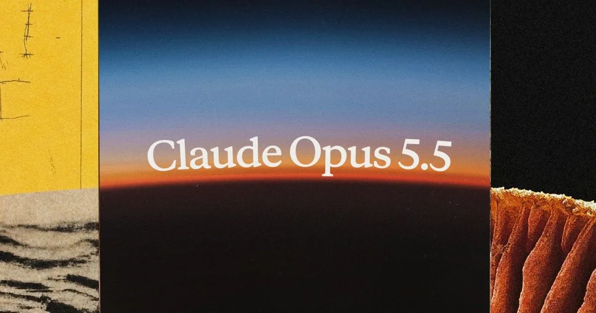 Claude Opus 5.5 title over an orange and blue horizon, framed by textured collage panels