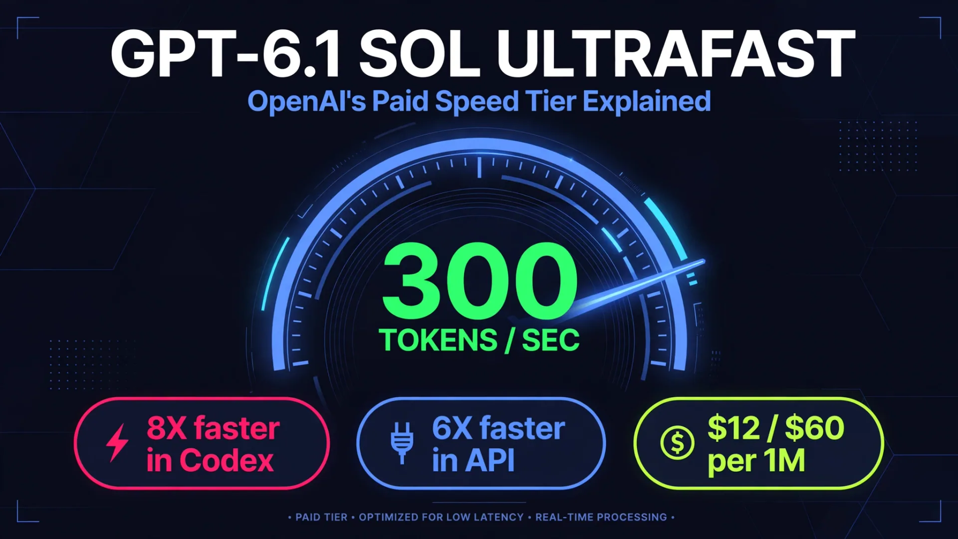 GPT-6.1 Sol Ultrafast infographic: 300 tokens per second, 8x faster in Codex, 6x faster in API, 2/0 per 1M tokens