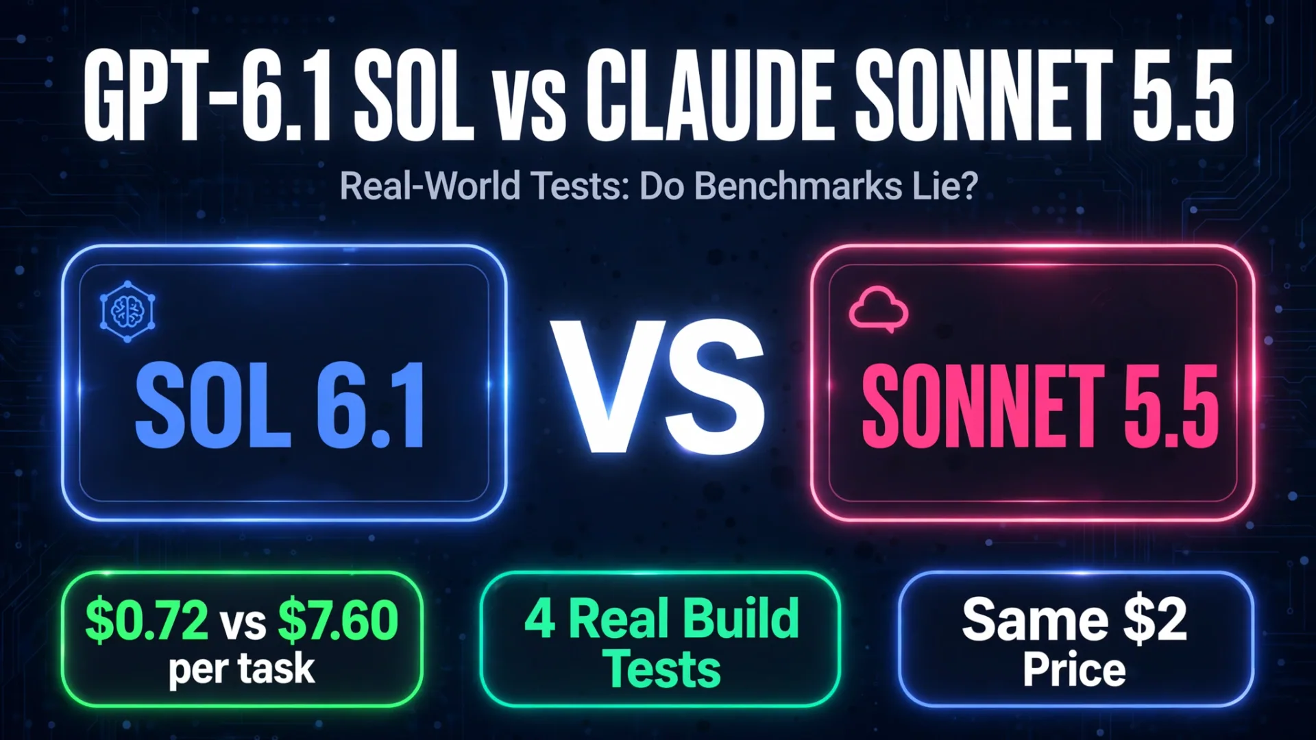 GPT-6.1 Sol vs Claude Sonnet 5.5 infographic: $0.72 vs $7.60 per task, 4 real build tests, same $2 price