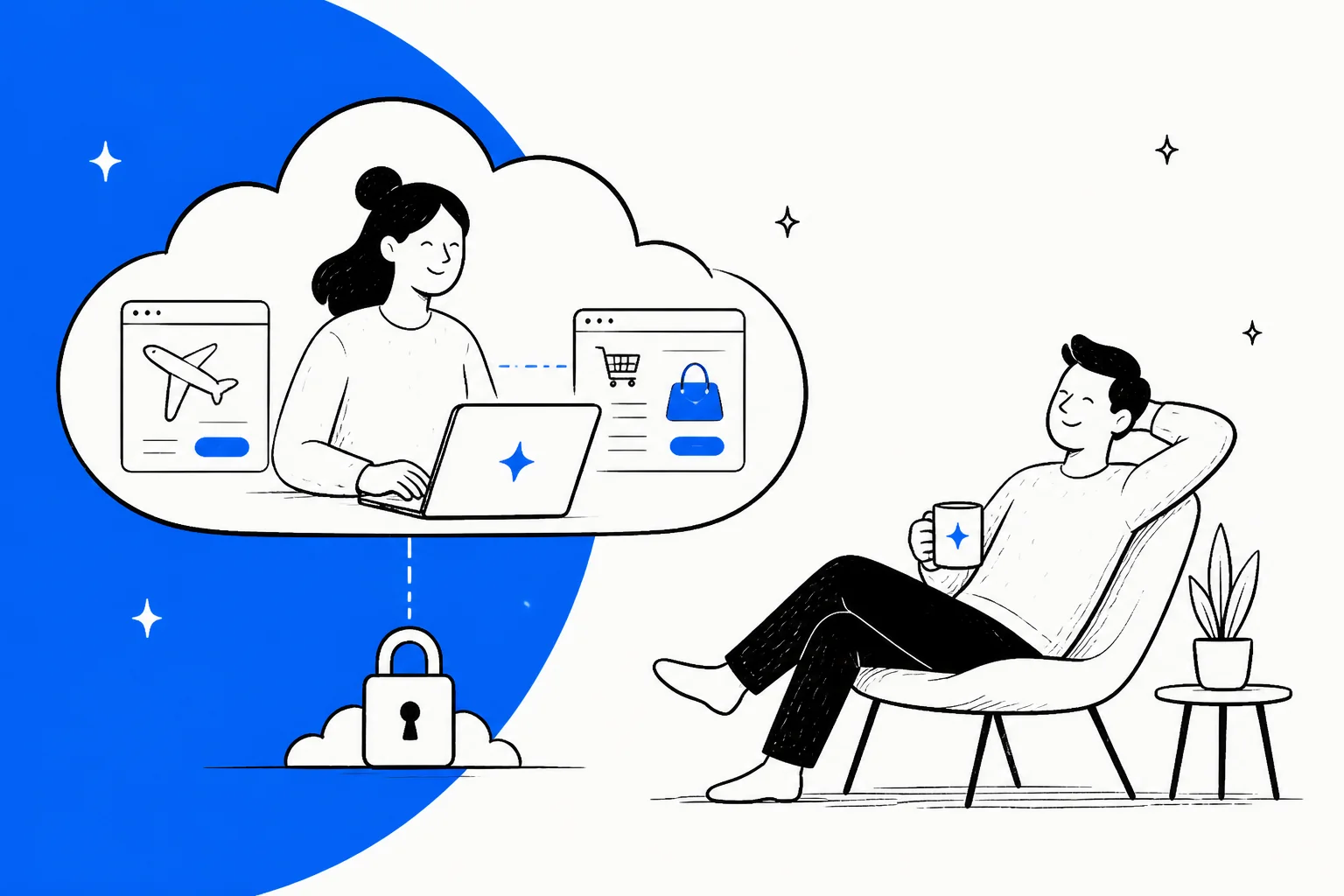 Illustrated Meta Muse personal AI agent working inside a secure cloud virtual machine on travel and shopping tasks