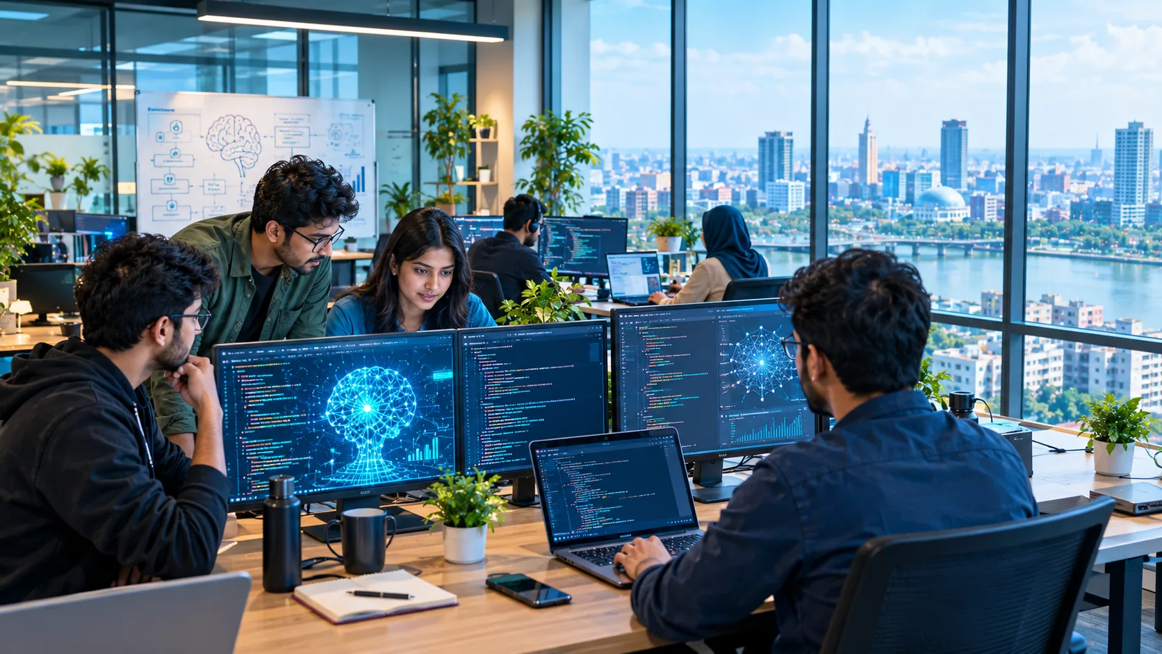 AI developers collaborating in a modern Bangladesh technology office