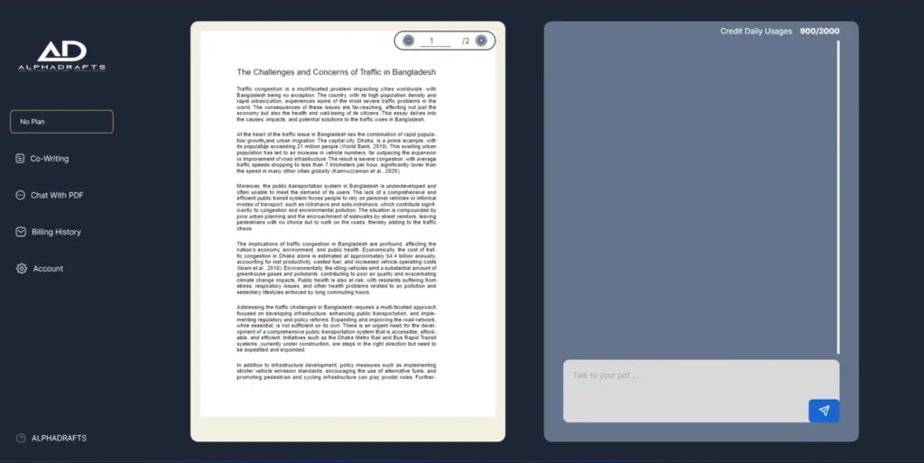 The chat-with-PDF screen: a paginated PDF viewer on the left and a conversation panel on the right prompting "Talk to your pdf".