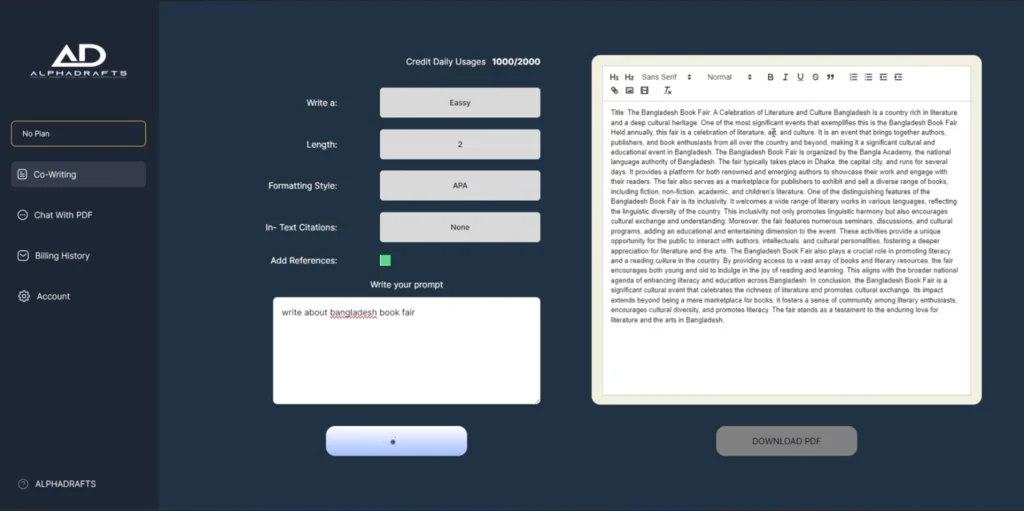 The co-writing screen: fields for type, length, formatting style and citations on the left, a prompt box below, and the generated document in a rich-text editor on the right with a download-PDF button.