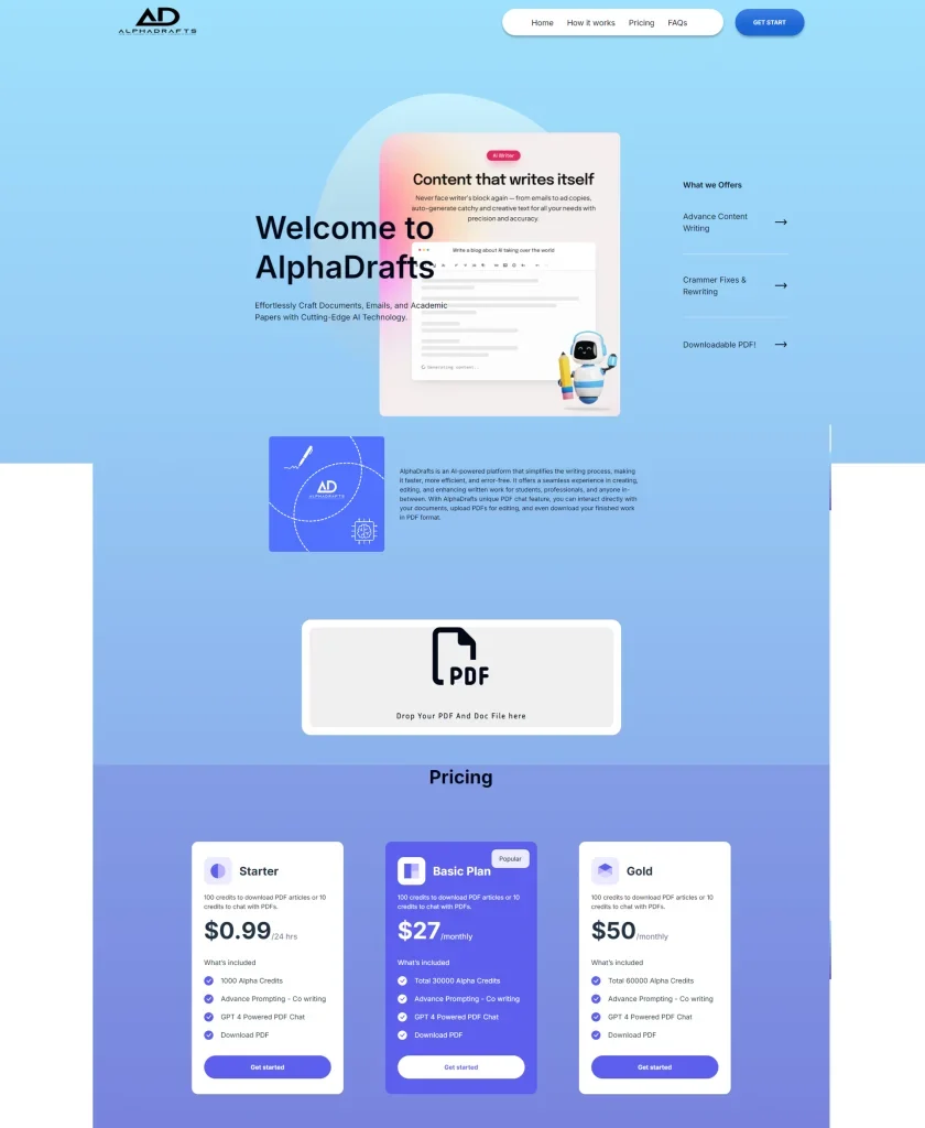 The Alpha Drafts marketing page: a hero reading "Welcome to AlphaDrafts", a PDF drop zone, and three pricing plans — Starter, Basic and Gold.