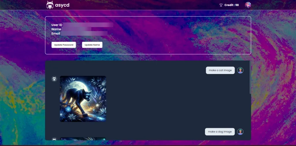 The account screen: an identity panel with the user id, name and email blurred out, above a conversation-style history of past prompts and the images they generated.