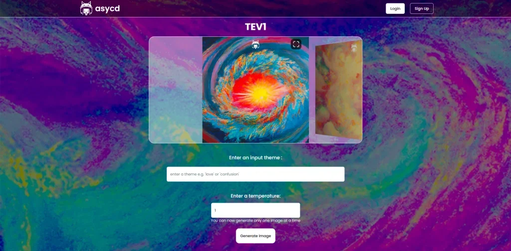 The ASYCD generator, signed out: a featured artwork carousel above fields for an input theme and a temperature, with a Generate Image button and login and sign-up links.