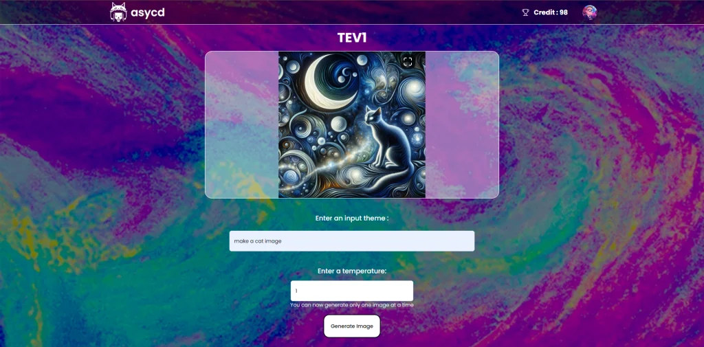 A generated image of a stylised cat under a crescent moon fills the viewer, with a credit balance of 98 in the header and the originating prompt still in the theme field.