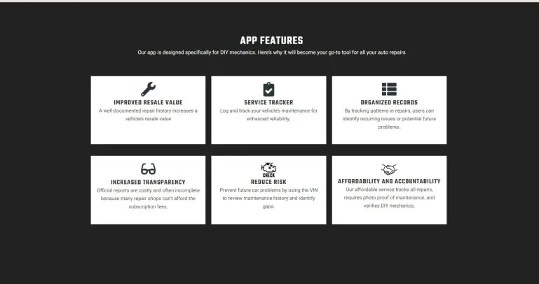 A dark band titled App Features with six white cards: improved resale value, service tracker, organized records, increased transparency, reduce risk, affordability and accountability.