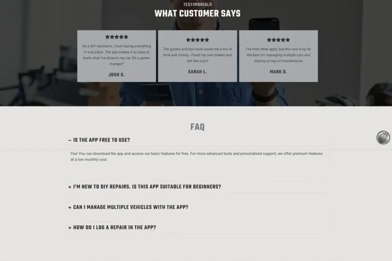 Three customer testimonial cards above an FAQ list with four collapsed questions about pricing, beginners, multiple vehicles and logging a repair.