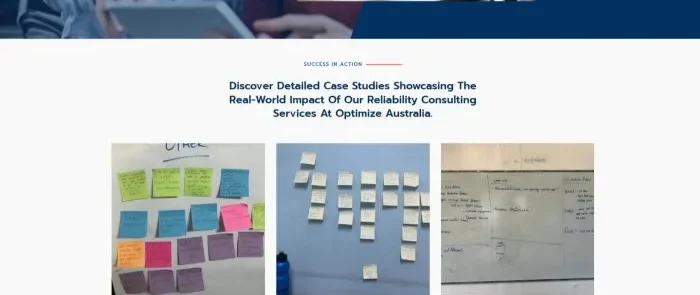 A "Success in action" band introducing detailed case studies, above three photographs of workshop planning sessions with sticky notes and whiteboards.