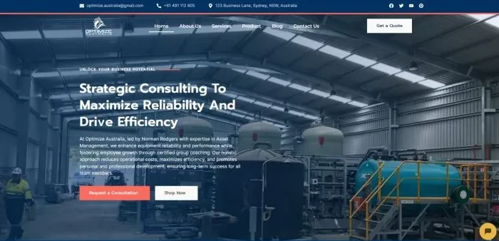 The Optimize Australia home page: an industrial plant photograph behind the headline "Strategic consulting to maximize reliability and drive efficiency", with request-a-consultation and shop buttons.