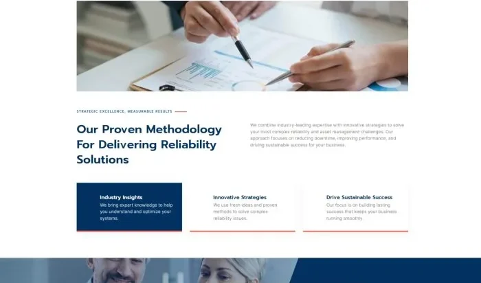 A section headed "Our proven methodology for delivering reliability solutions" with three cards: industry insights, innovative strategies, drive sustainable success.