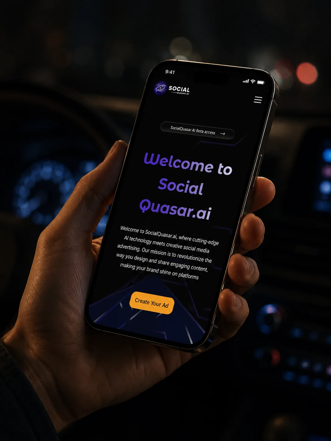 A phone held in one hand showing the SocialQuasar.ai welcome screen, with a Create Your Ad button.