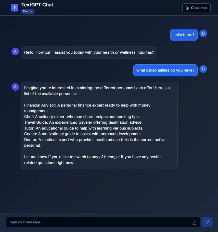 The TextGPT chat window with the Doctor persona active, showing a conversation in which the assistant lists the personas it can switch to — financial advisor, chef, travel guide, tutor, coach and doctor.