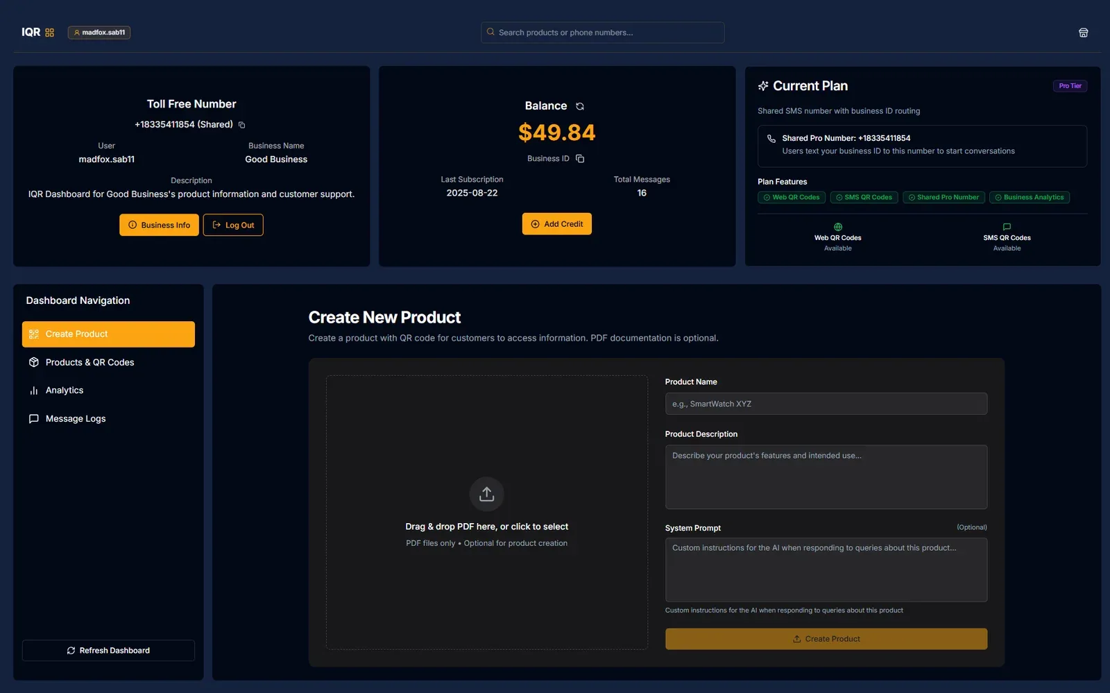 The IQR.Codes dashboard: a shared toll-free number, account balance and current plan across the top, and a Create New Product form with a drag-and-drop area for a PDF beside fields for product name, description and an optional system prompt.