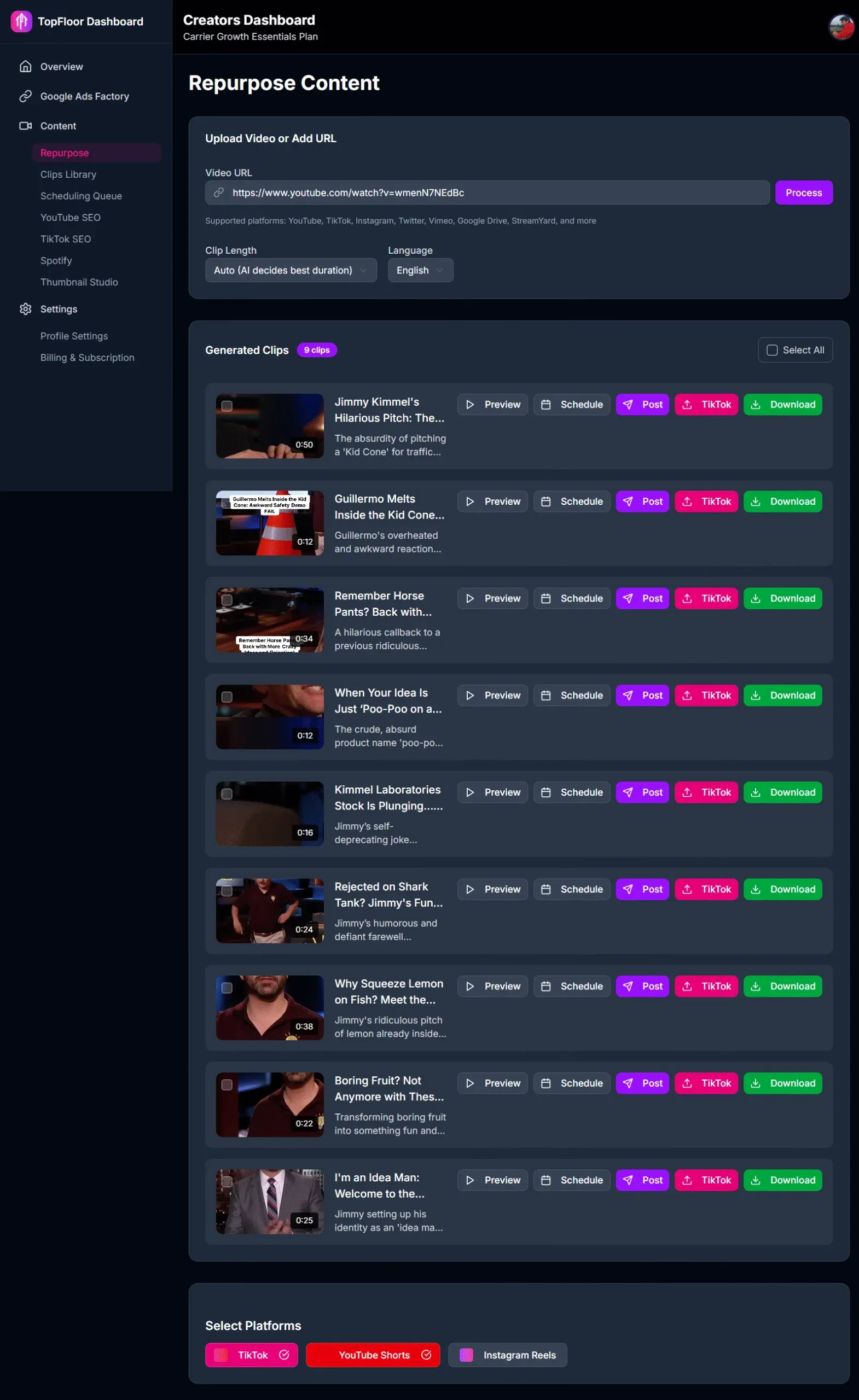 The Repurpose Content screen, with a YouTube URL in the upload field and nine generated clips listed below it, each offering preview, schedule, post, TikTok and download.