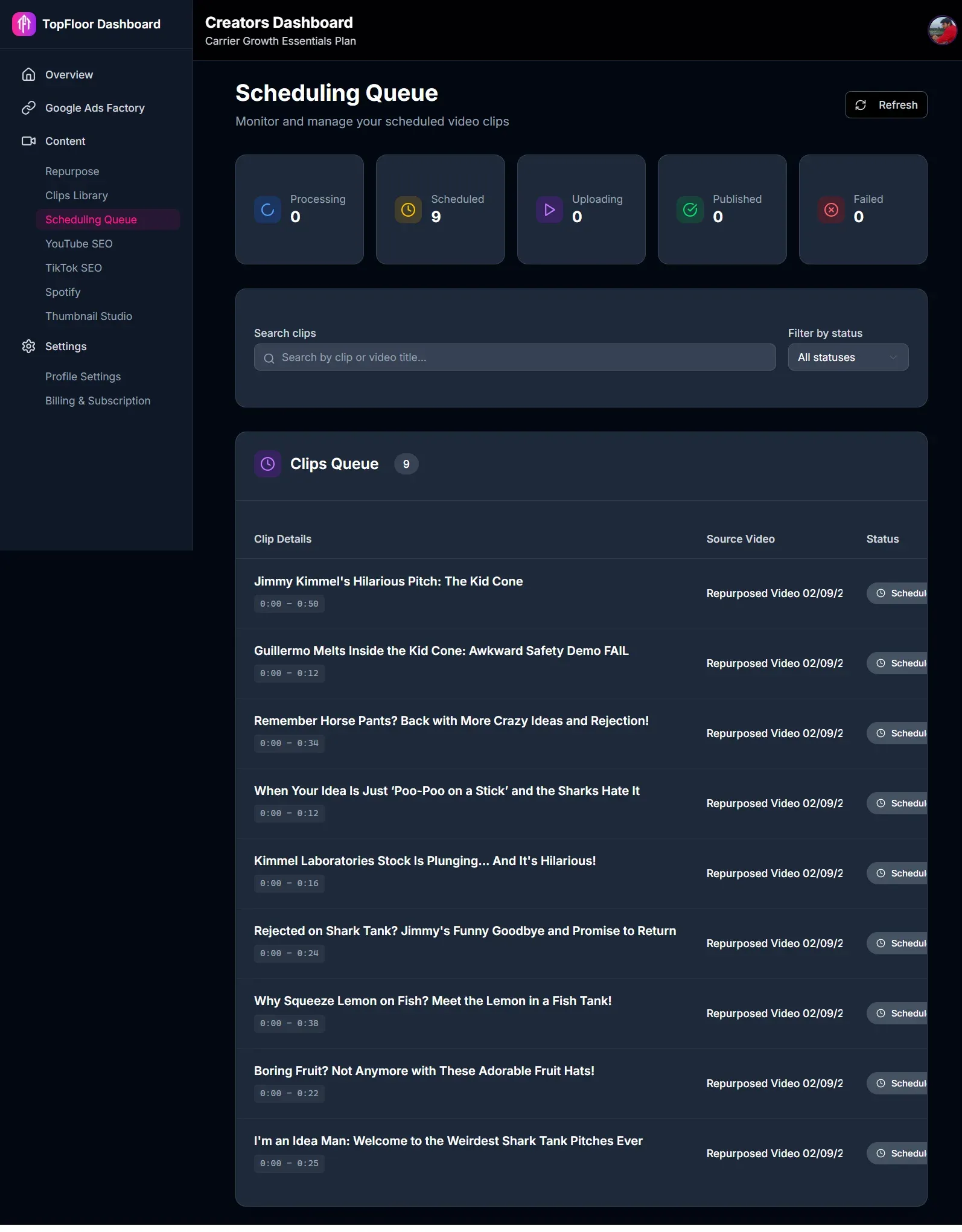 The Scheduling Queue, showing counts for processing, scheduled, uploading, published and failed above a searchable table of nine queued clips with their source video and status.