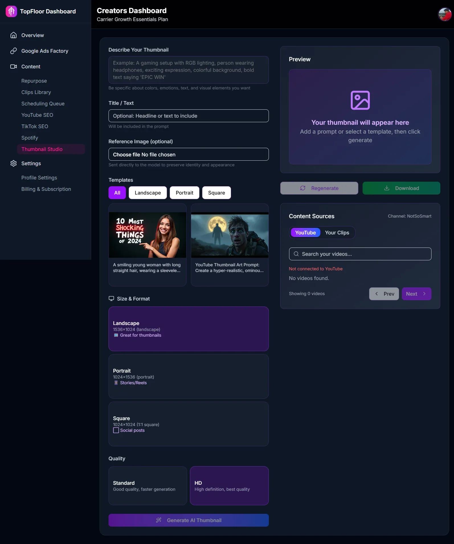 The Thumbnail Studio, with a prompt field, reference image upload and template picker on the left, and a live preview with size and quality options on the right.