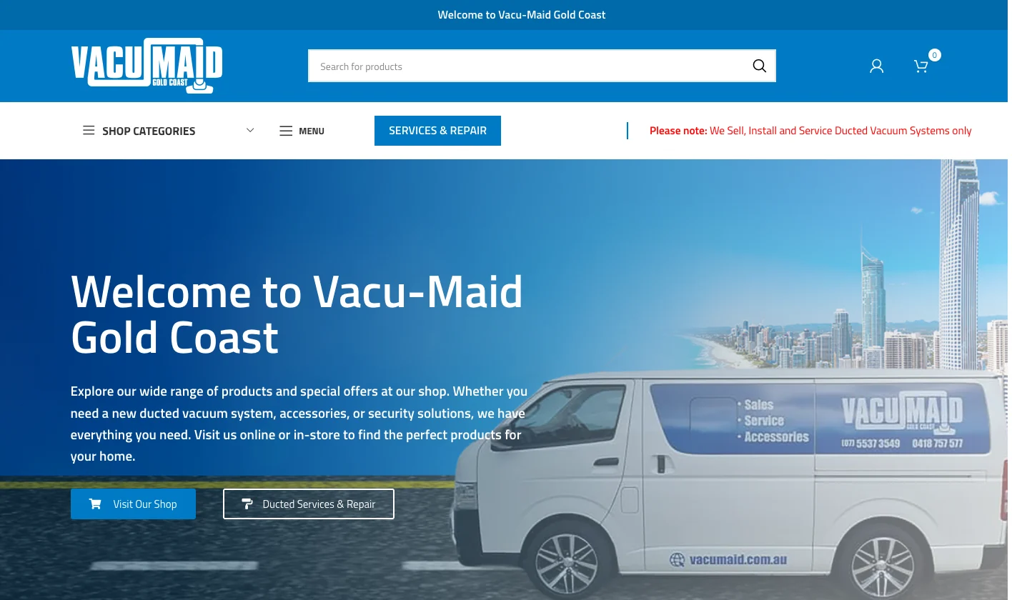 The Vacu-Maid Gold Coast home page: a service van against the Gold Coast skyline, with search, shop categories and buttons for the shop and for ducted services and repair.