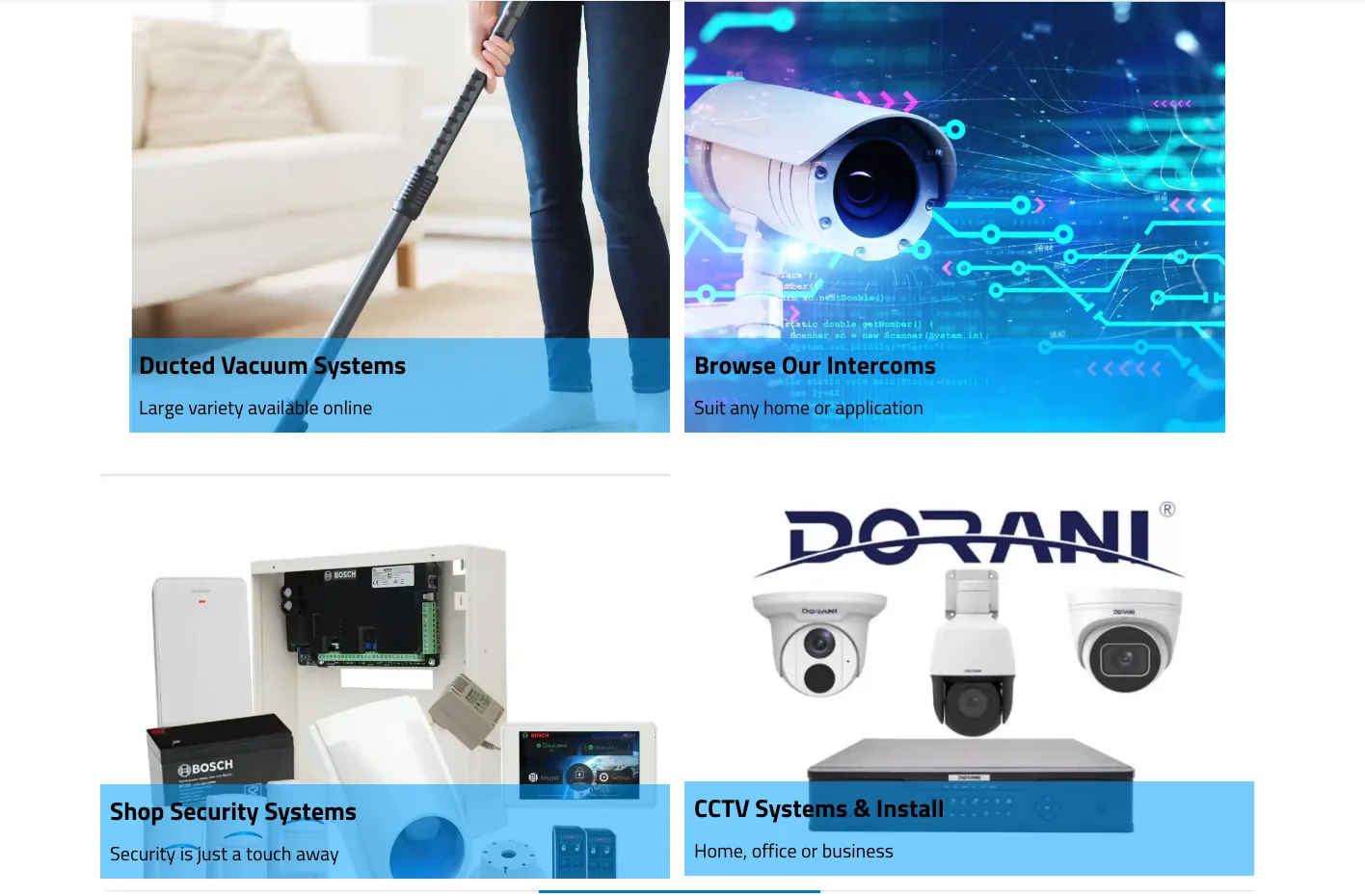 Four large category tiles linking to ducted vacuum systems, intercoms, security systems and CCTV systems, above the start of a New Listed Items product row.