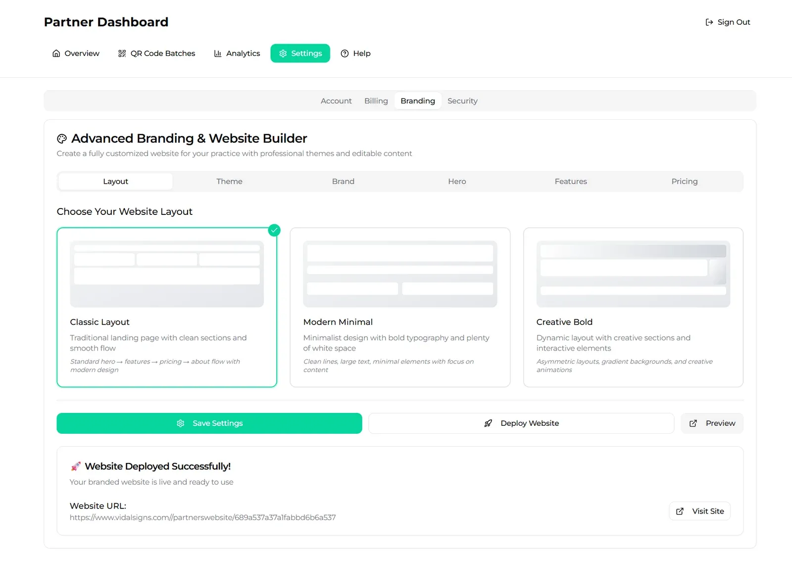The branding tab of the website builder, offering three layout choices and a deploy button, with a confirmation showing the partner's live site URL.