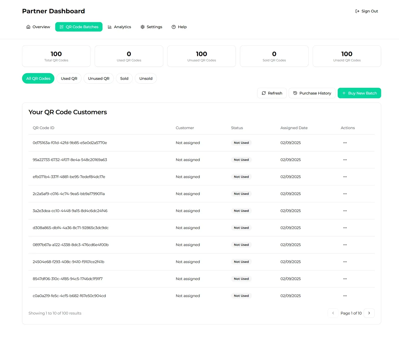 The QR code batches screen, listing a hundred codes with their assignment status and dates.