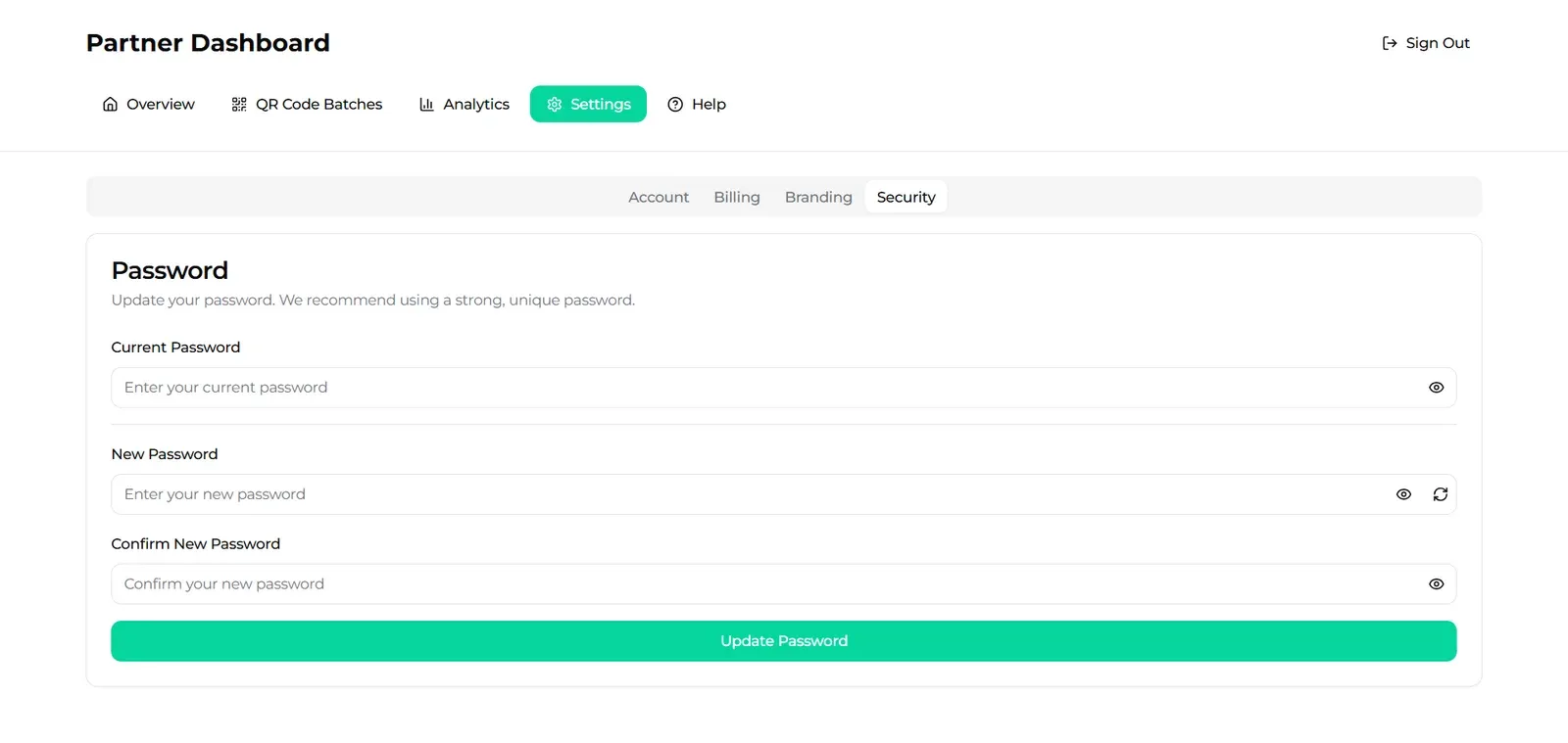 The security tab of the partner settings, with fields for changing the account password.