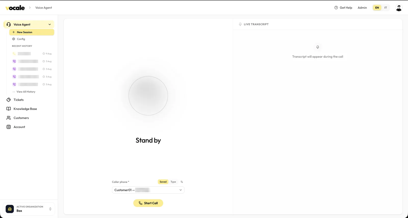 The Vocale voice agent console: a large standby state with a live transcript panel beside it, a caller picker and a Start Call button underneath, and a sidebar of recent call history with the numbers redacted.