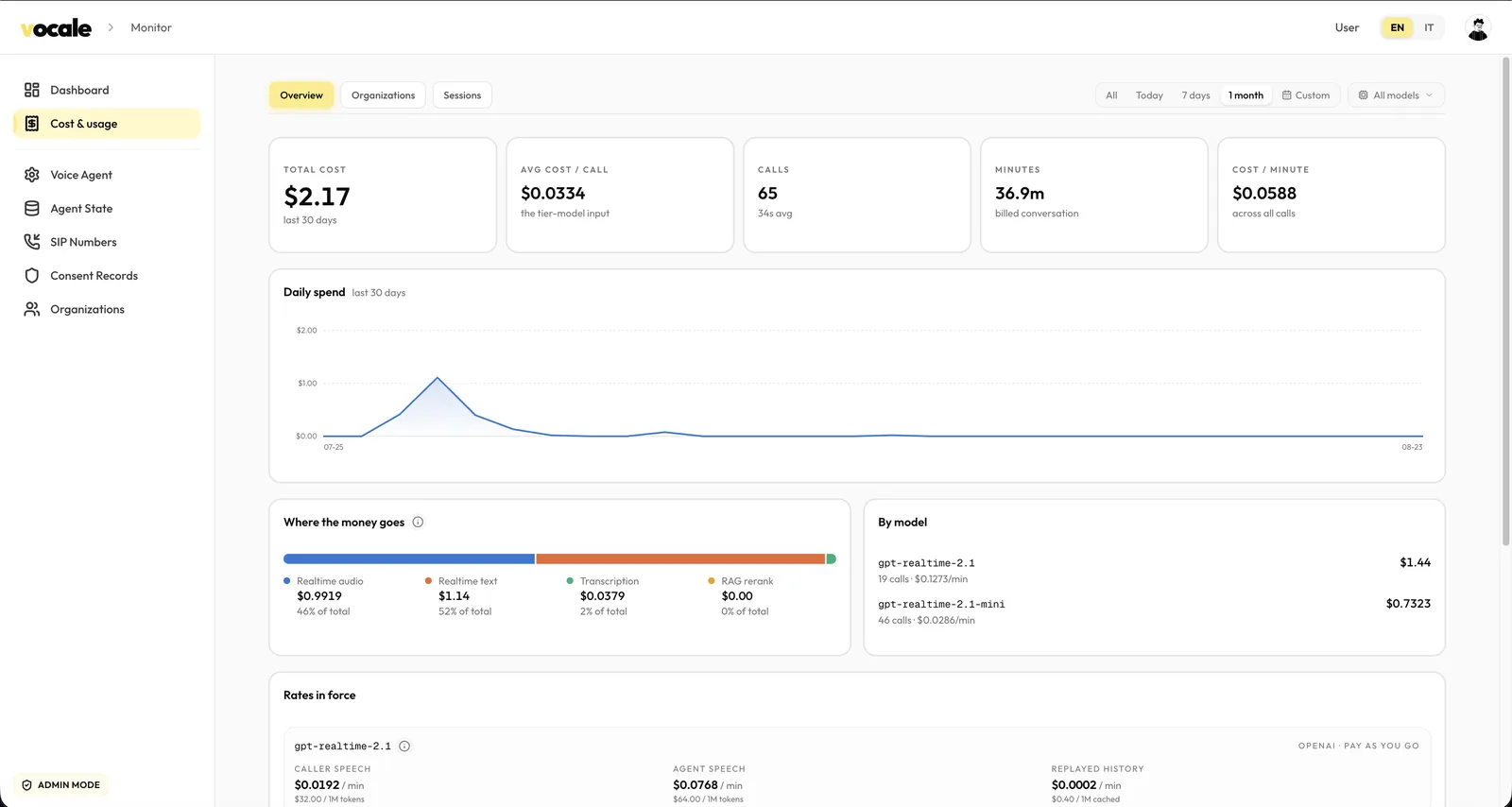 The admin cost and usage dashboard: total cost, average cost per call, call and minute counts and cost per minute, a daily spend chart, a breakdown by cost type and by model, and the rates in force.