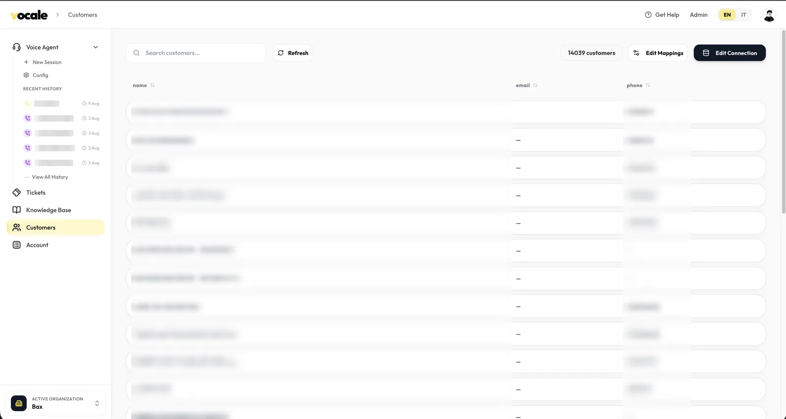 The customers page showing a synced external database of 14,039 records with Edit Mappings and Edit Connection controls. The name and phone columns are blurred.