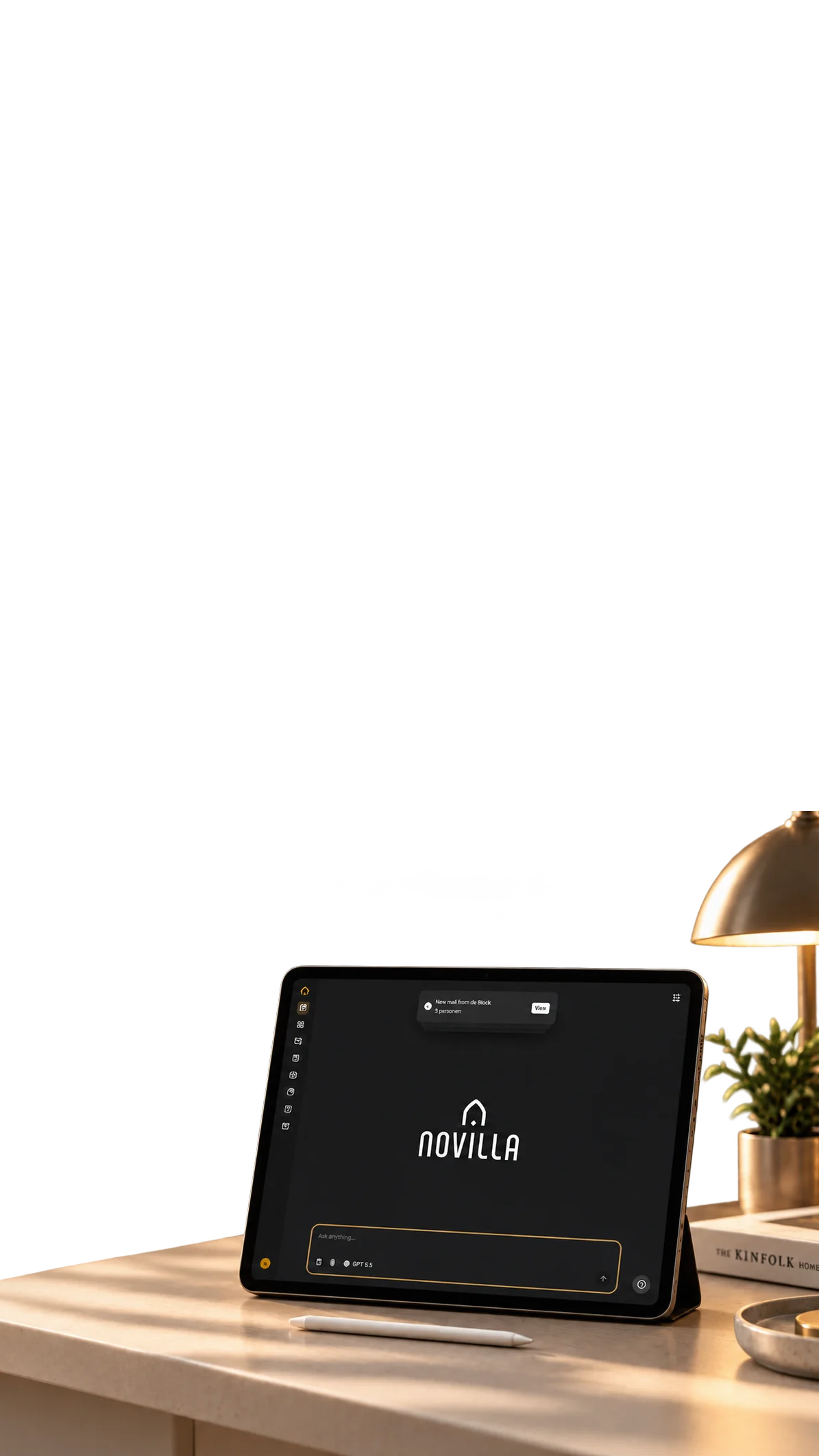 The Novilla workspace open on a tablet standing on a pale stone desk: a rail of tools down the left of the screen, a notification about new mail at the top, the Novilla wordmark in the middle and an ask-anything field along the bottom, with a stylus lying in front of it and a brass desk lamp, a potted plant and a stack of books behind.