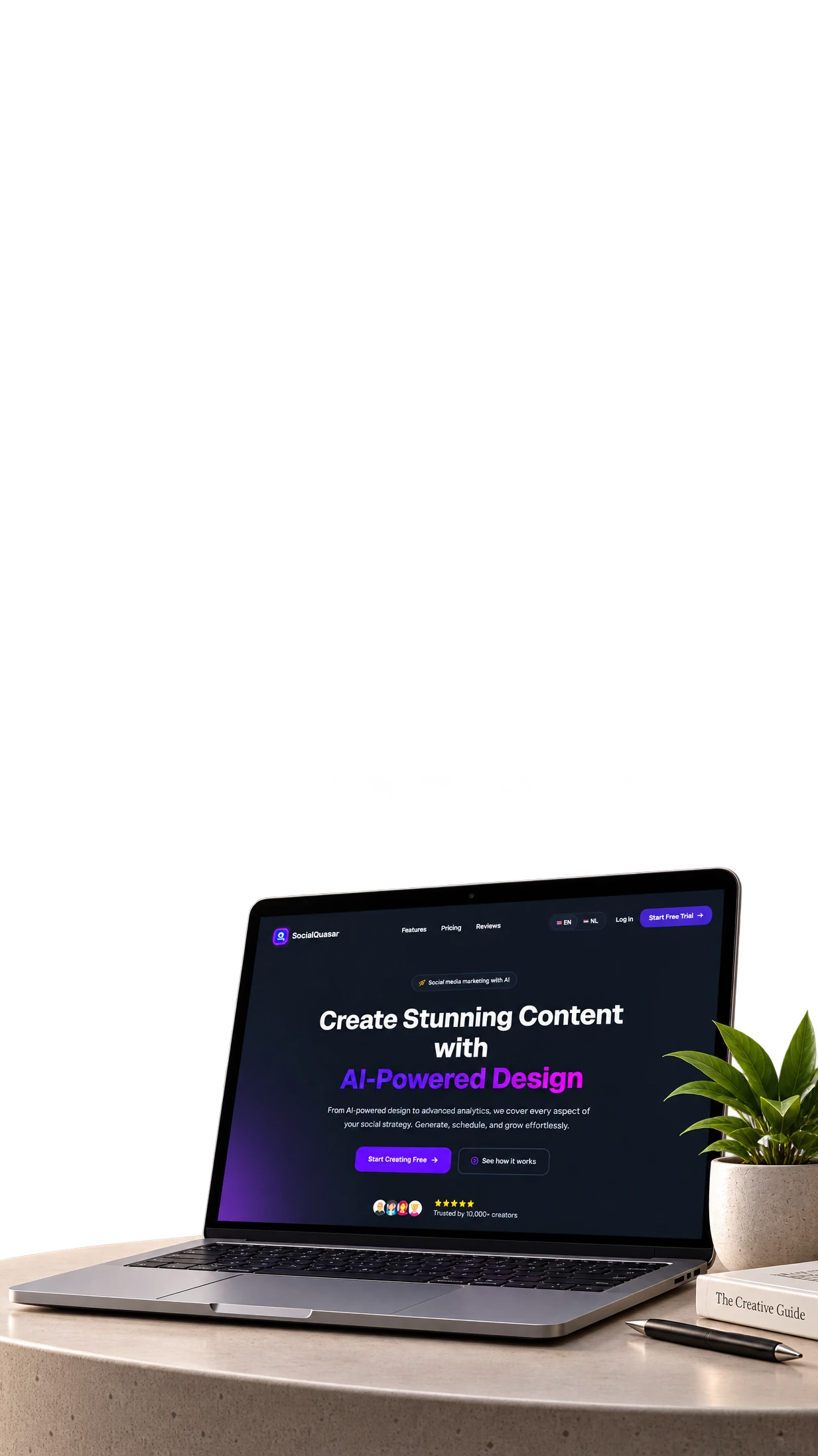 A laptop open on a round stone table showing the SocialQuasar landing page, its headline reading Create Stunning Content with AI-Powered Design, with a potted plant and a hardback book beside it.