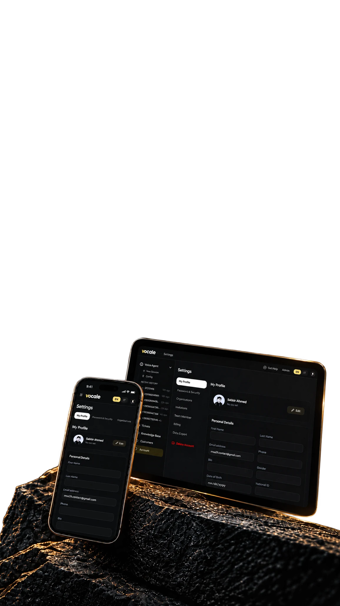 The Vocale agent running on a phone and a tablet, standing on dark gold-veined rock: both screens showing the account settings, with a profile and its personal details.